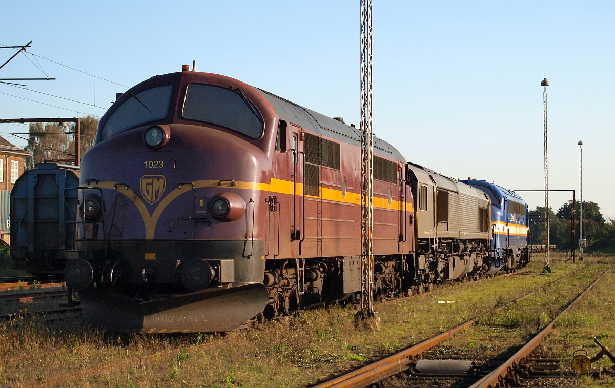CFL Cargo MX 1023, der CFL Cargo  Booster  1266 032-2 und die Contec MY 1158 abgestellt im Grenzbahnhof Padborg. 01.10.2011(üaVinG)