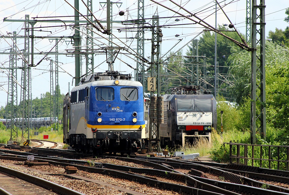 EVB 140 870-7(REV/EVB/08.05.14) verlässt hier mit einem BLG Autologistikzug Hamburg-Harburg. 06.07.15