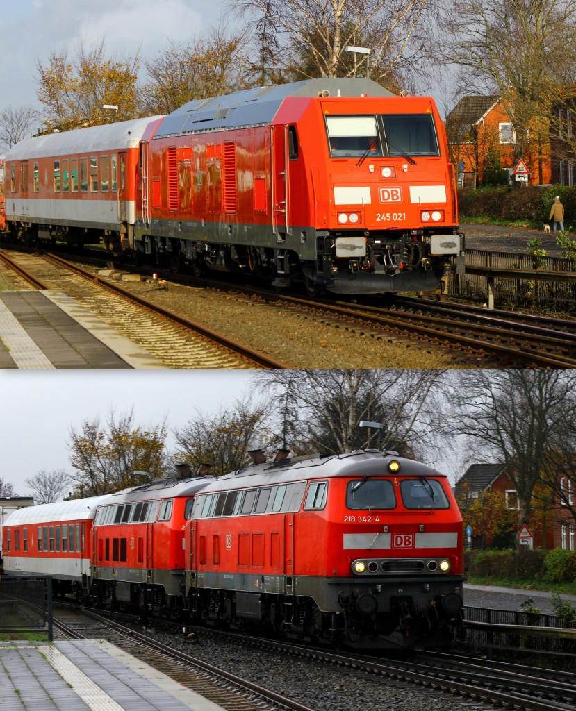 Oben die Neue...245 021 unten die  Alte  218 342-4 im Vergleich. Niebüll 13.11.15